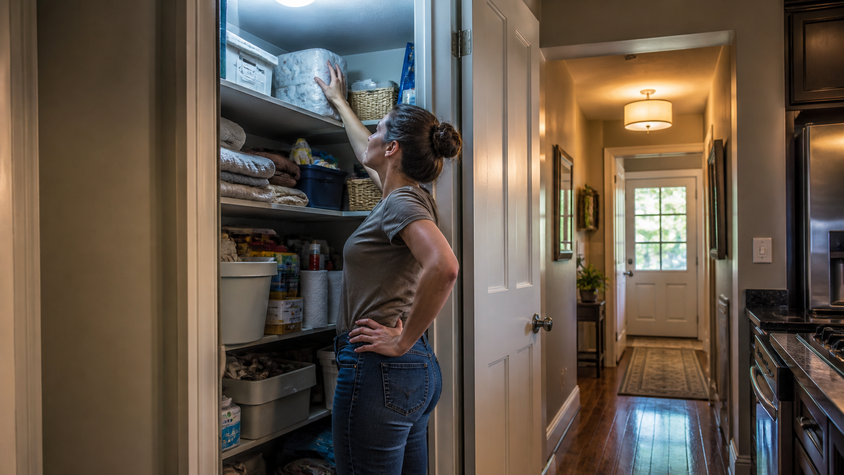 Adult searching cluttered household storage before an emergency occurs