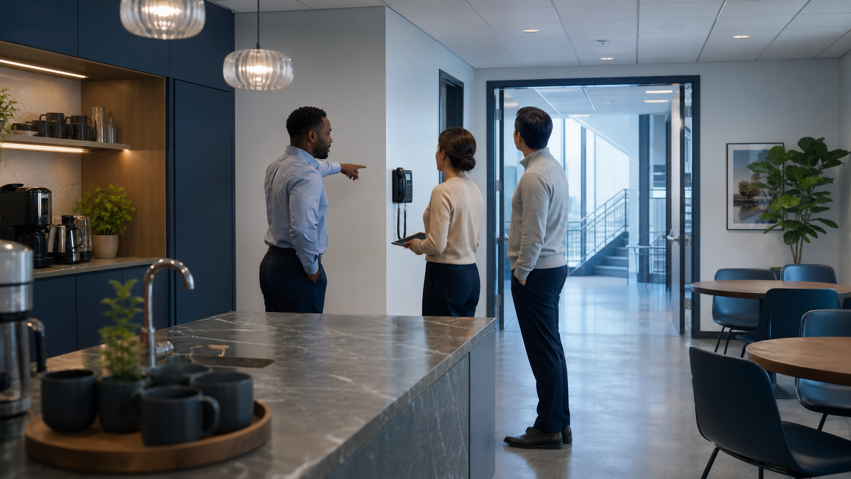 Coworkers checking an office emergency phone and clear exit route