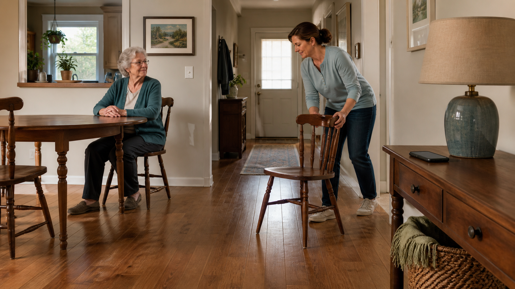 Caregiver clearing a home path and keeping a phone within reach of an older adult
