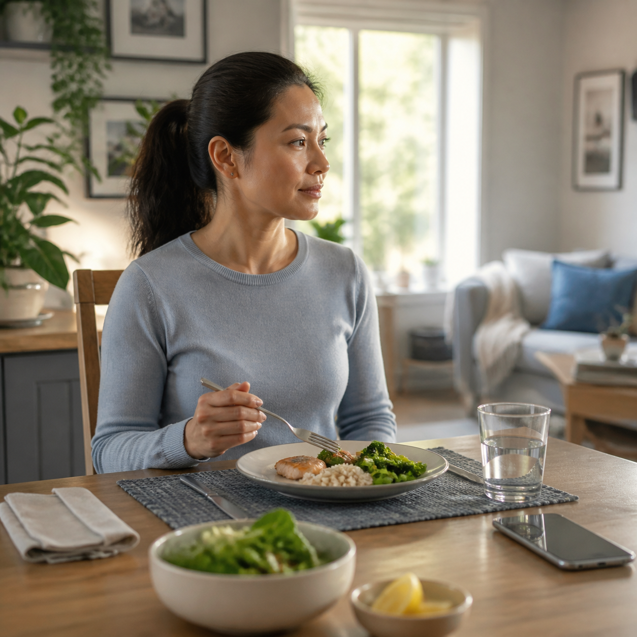 Adult sitting upright at a dining table with small bites, water, and a phone within reach