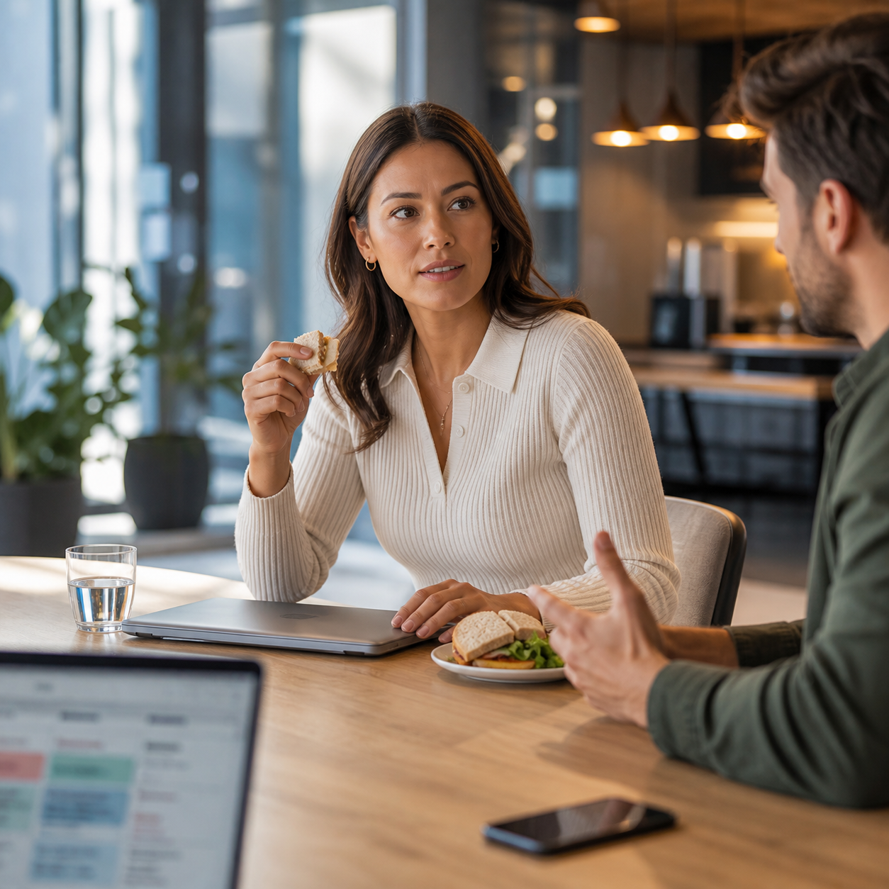 Coworkers pausing a lunch conversation so one adult can finish chewing before speaking