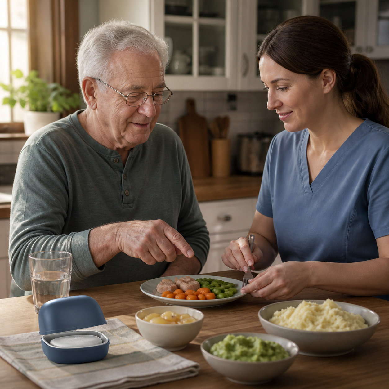 Older adult with dentures receiving help preparing a moist soft meal at the table