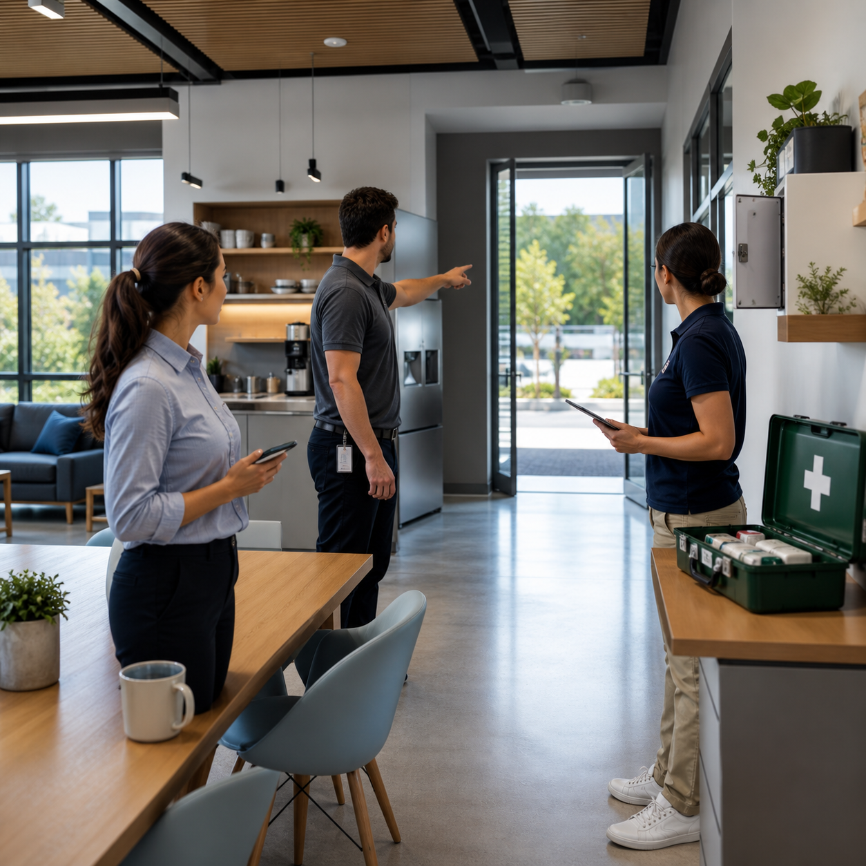 Workplace team assigning emergency response roles beside a stocked first aid station