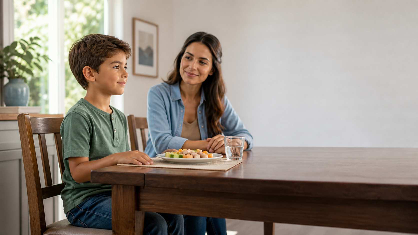 School-aged child sitting upright for small snack bites while a parent supervises at the table