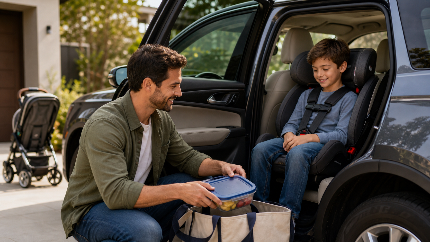 Parked car scene where a parent stores a covered snack before travel while a child is safely buckled