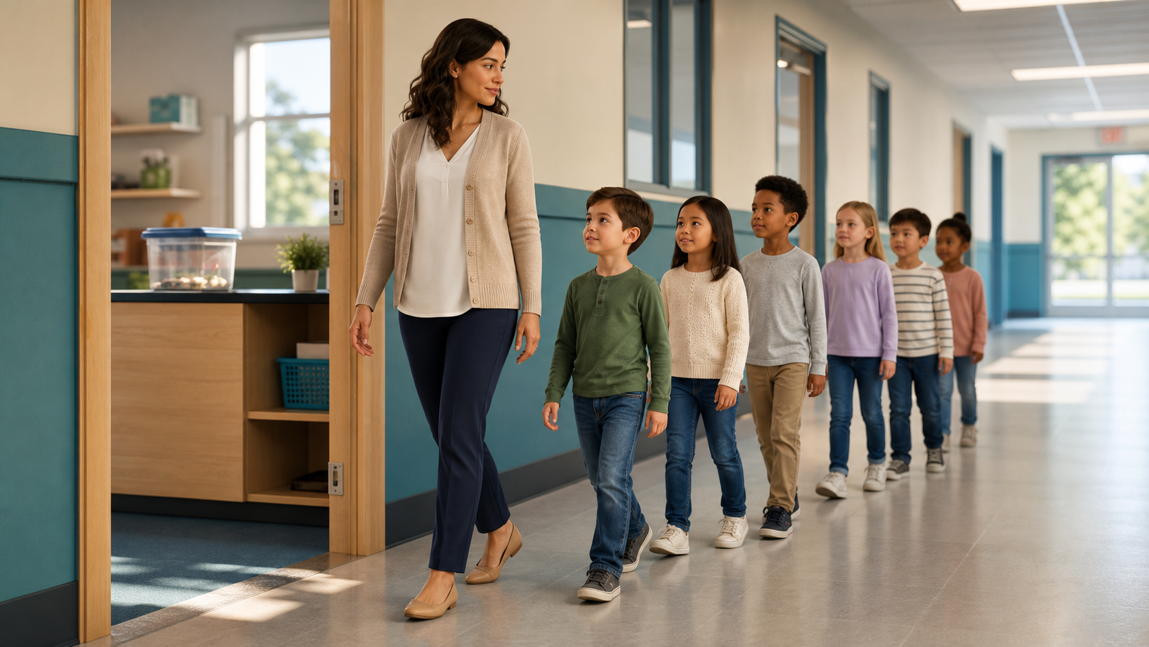 Teacher leading school-aged children safely through a no-food classroom transition