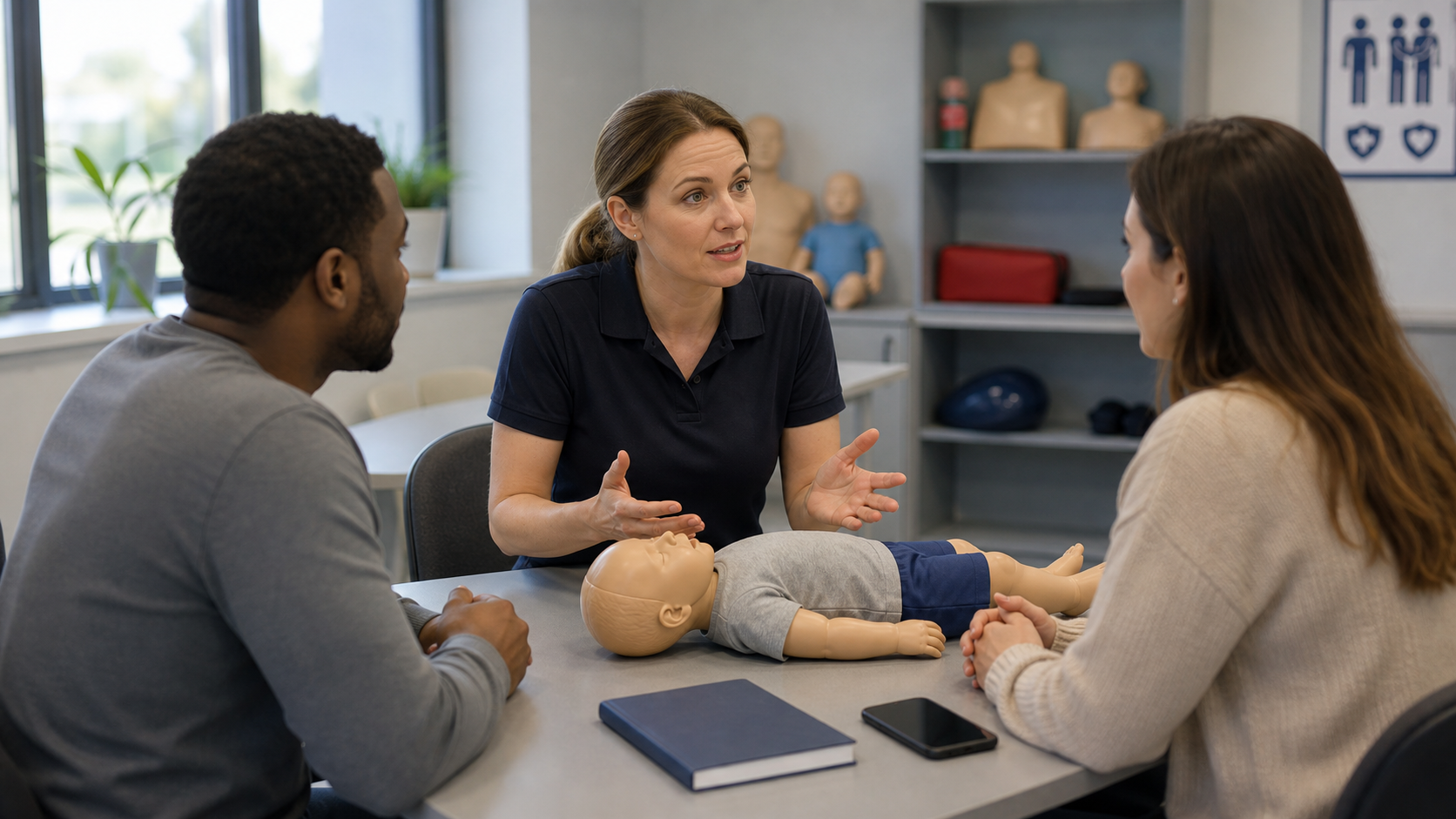 First-aid instructor reviewing child choking first-line readiness with parents and a training manikin