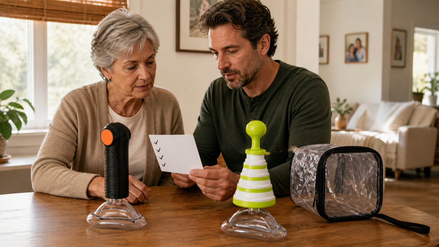 Older adult and caregiver comparing the real Fitiger EasyPumpVac and FoldPumpVac for accessible family readiness