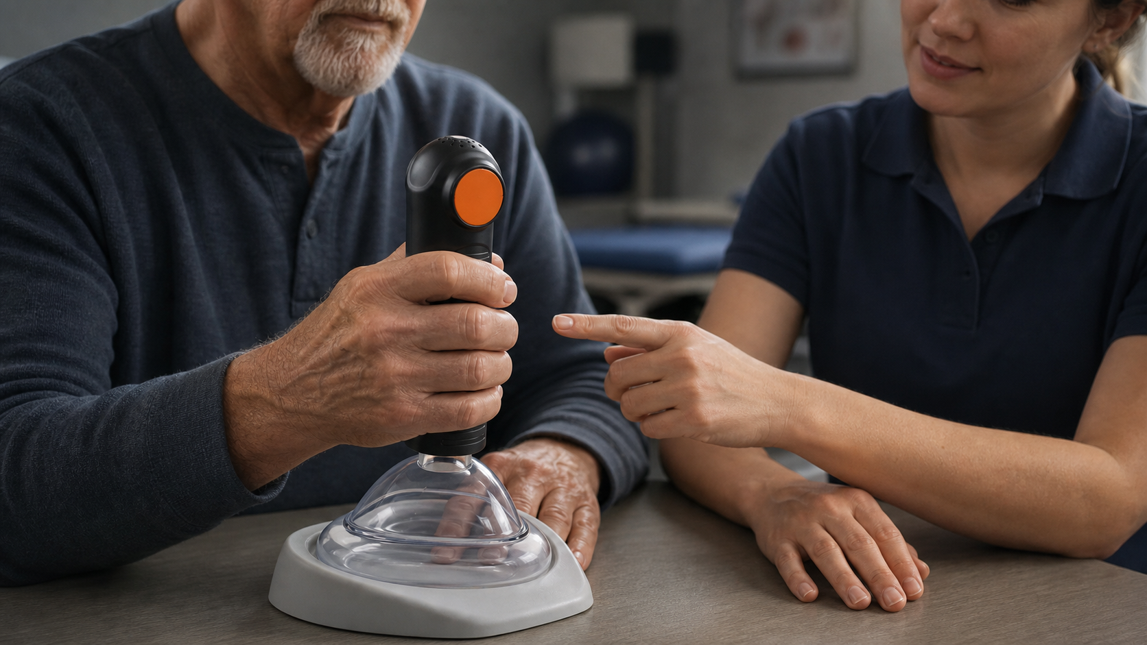 Older adult practicing a comfortable grip on the real Fitiger EasyPumpVac with clinician guidance