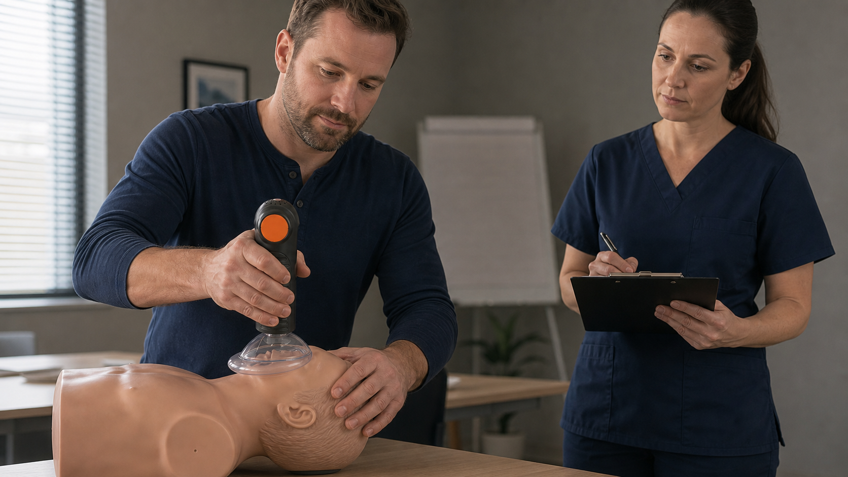 Caregiver practicing the real Fitiger EasyPumpVac pre-compressed suction workflow on an adult training manikin