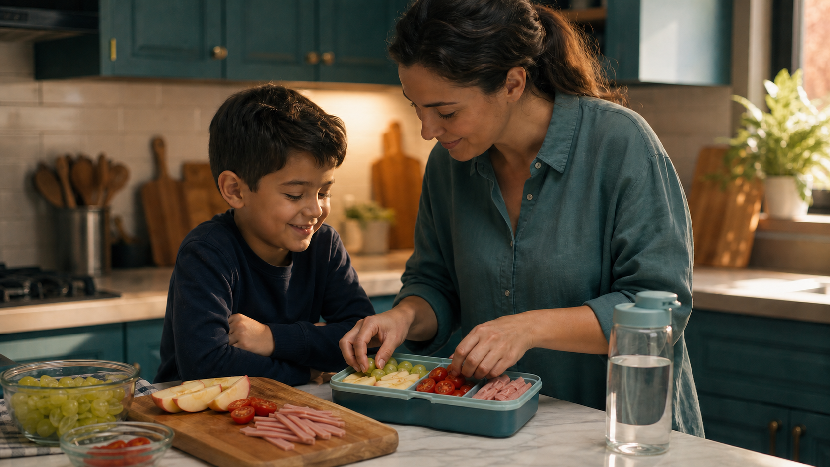 Parent and school-age child preparing a safer lunchbox with seated eating, water, and manageable portions