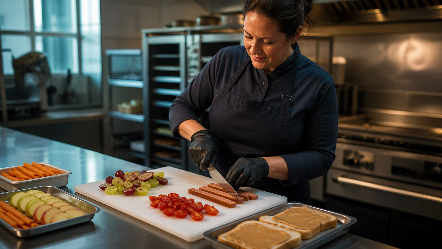 Food-prep specialist cutting grapes and hot dogs lengthwise and preparing safer school lunch textures