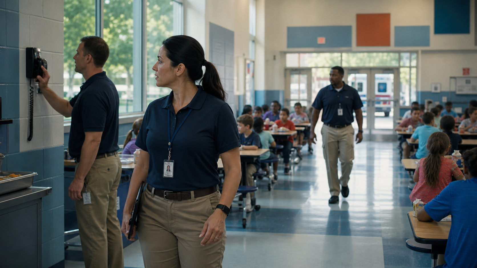 School cafeteria staff checking table sightlines, emergency phone access, and a clear choking-response aisle