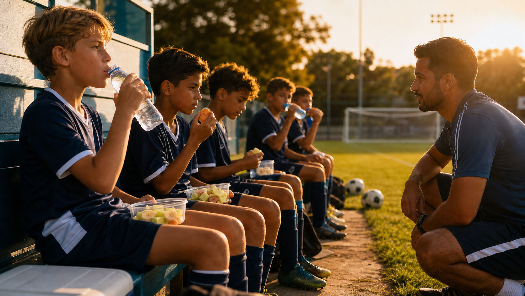 Youth sports team seated after activity with water and softer snacks under coach supervision