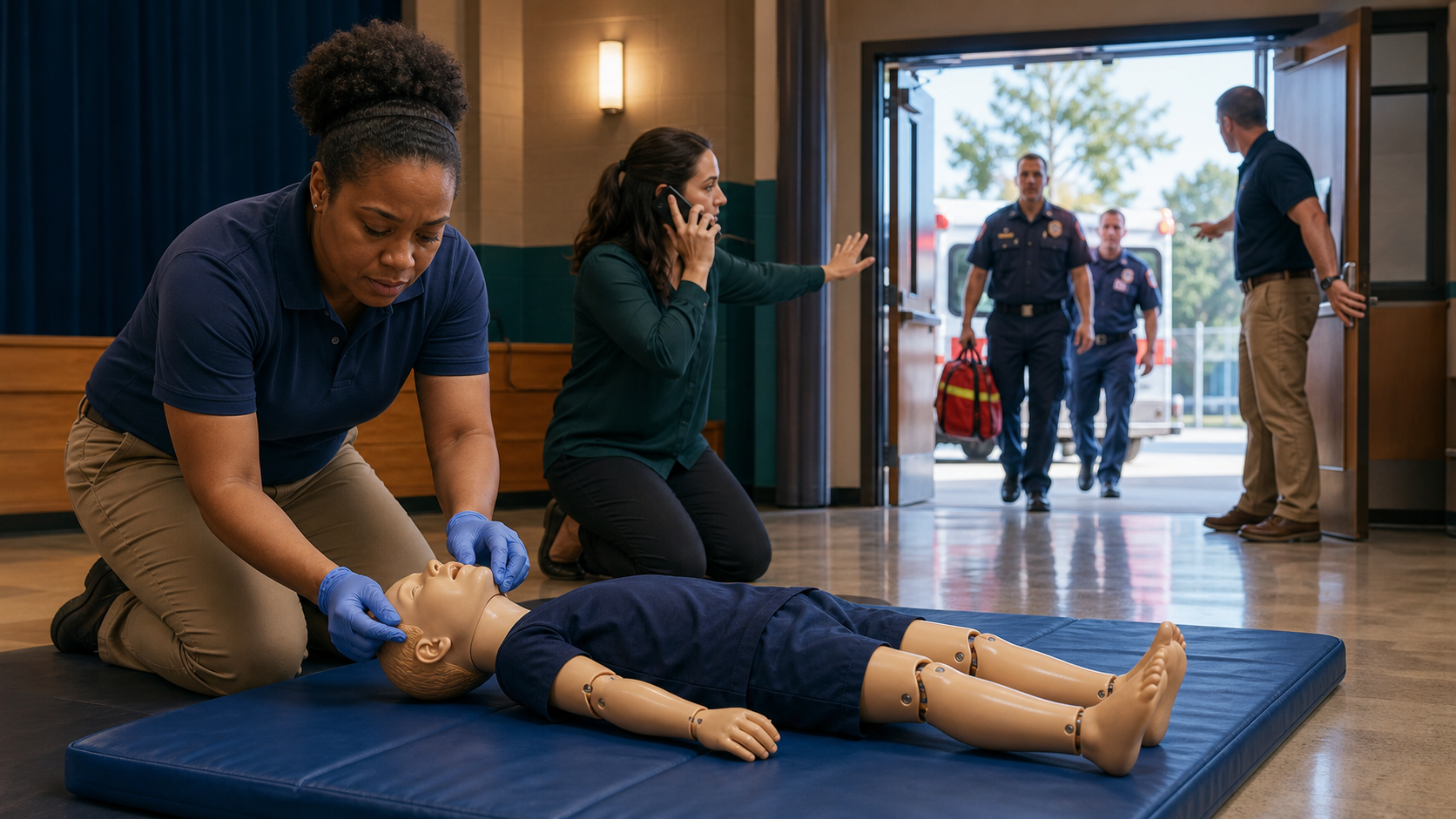 School staff first-aid drill using an artificial child mannequin with 911 activation and EMS handoff roles