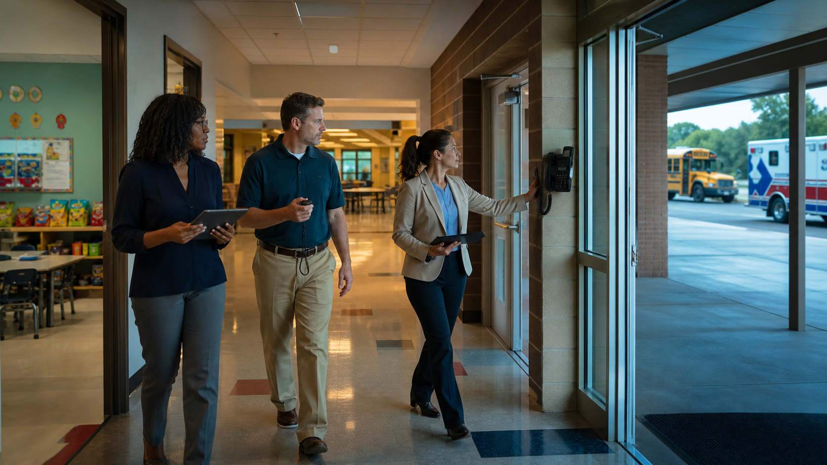 School safety team walking the physical route between classroom snacks, cafeteria, bus zone, and EMS access