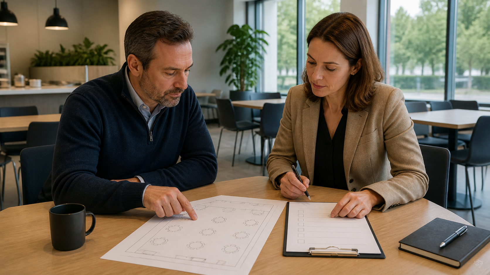 Two operations managers review a blank dining-room seating layout and checklist at a shared table.