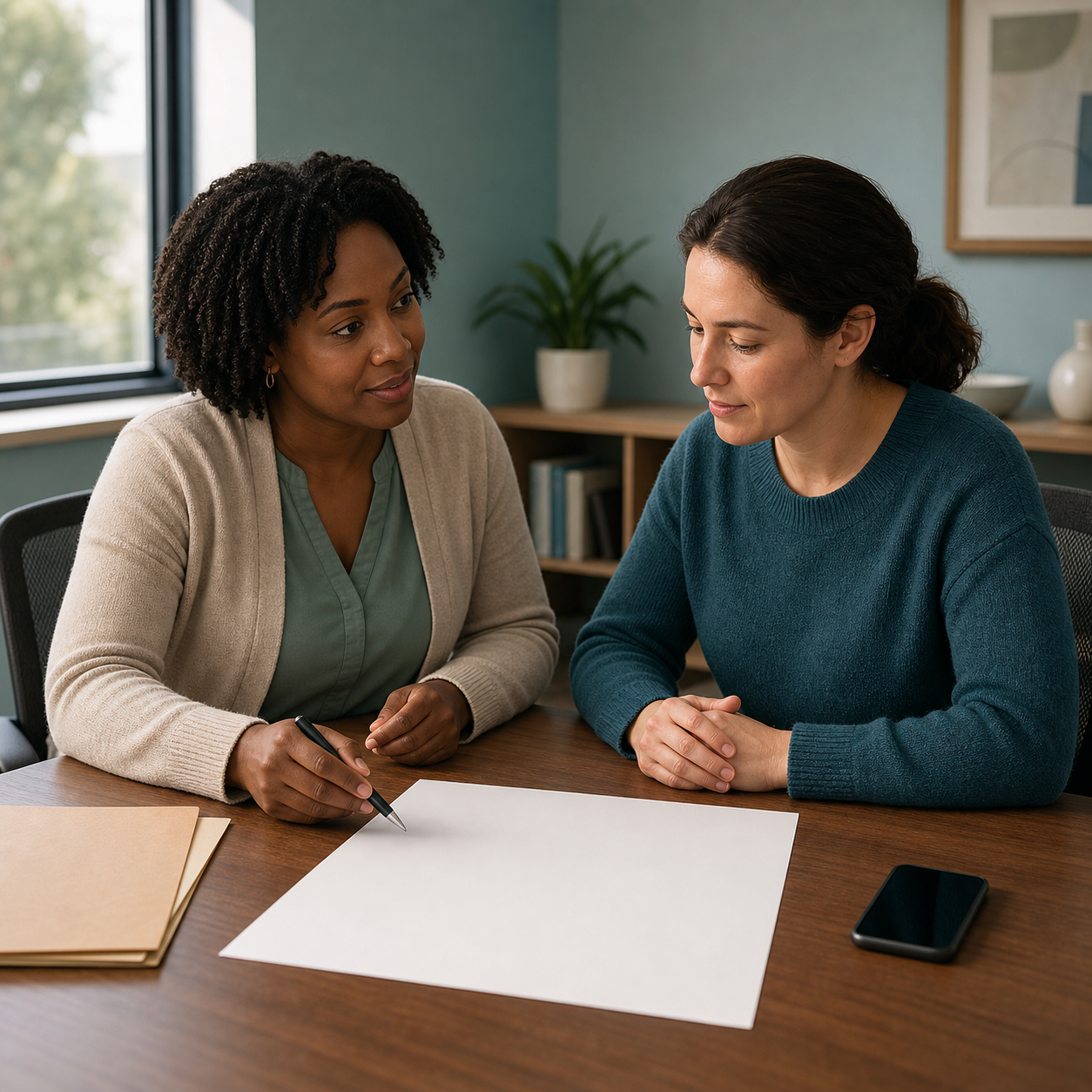 A community health educator and caregiver review a blank access-and-training plan in a quiet meeting room.