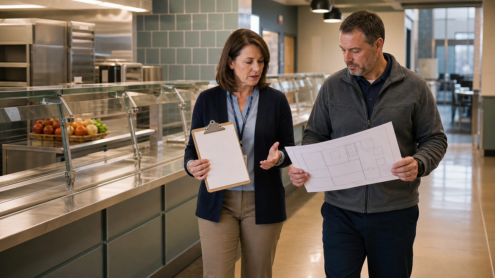 A school nutrition coordinator and facilities manager compare a blank checklist and unlabeled cafeteria layout beside a service line.
