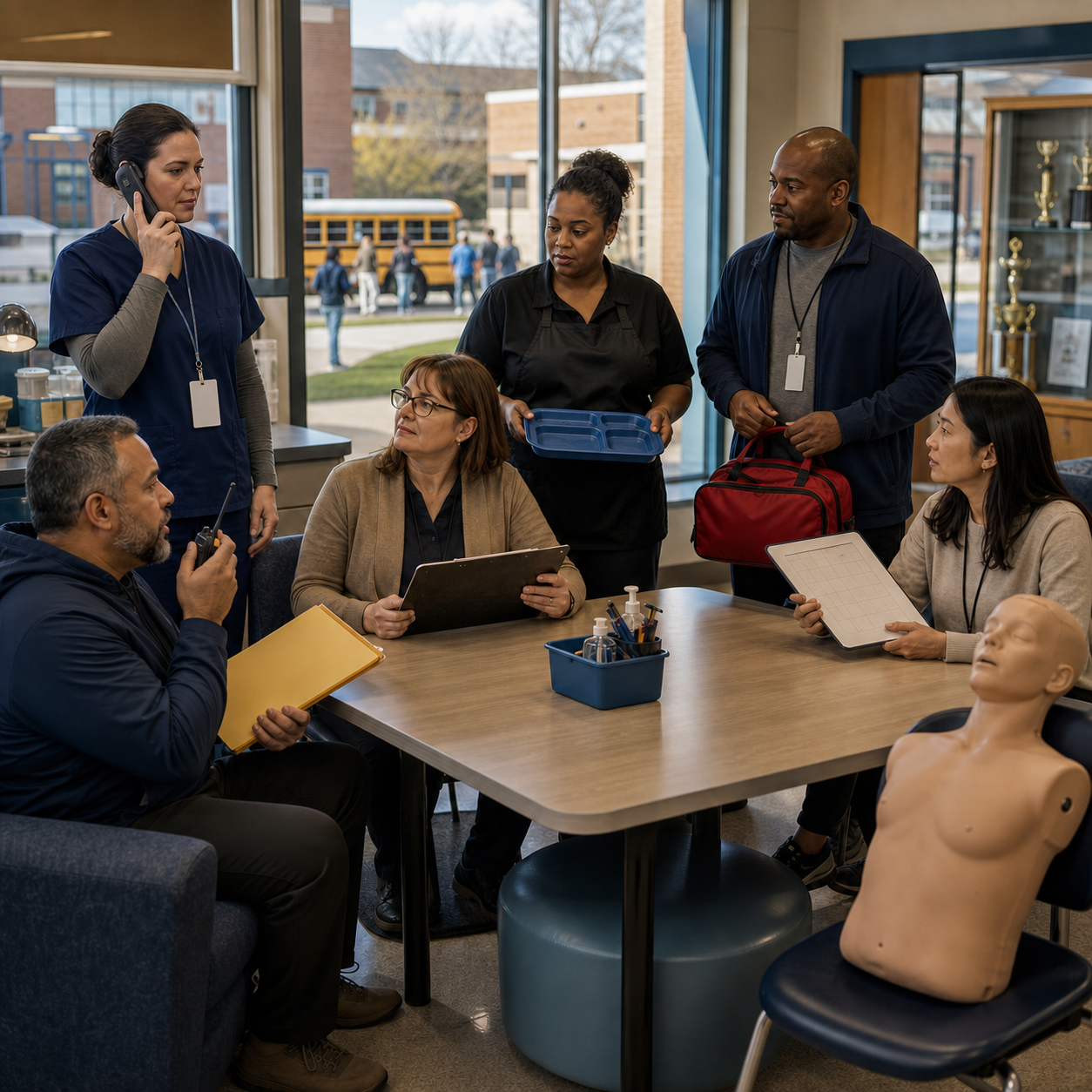 School staff assign response ownership, emergency calling, equipment retrieval, and campus access roles during a calm choking-readiness drill