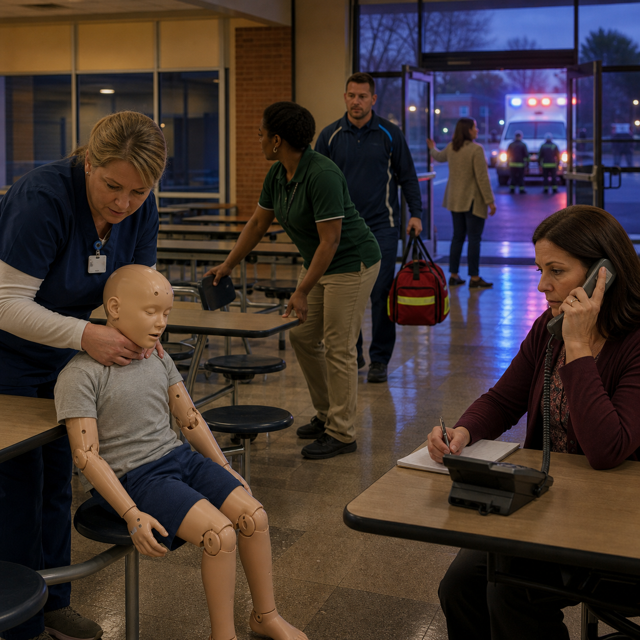School staff rehearse first-line choking response, 911 calling, space clearance, and EMS handoff with a child-sized training mannequin