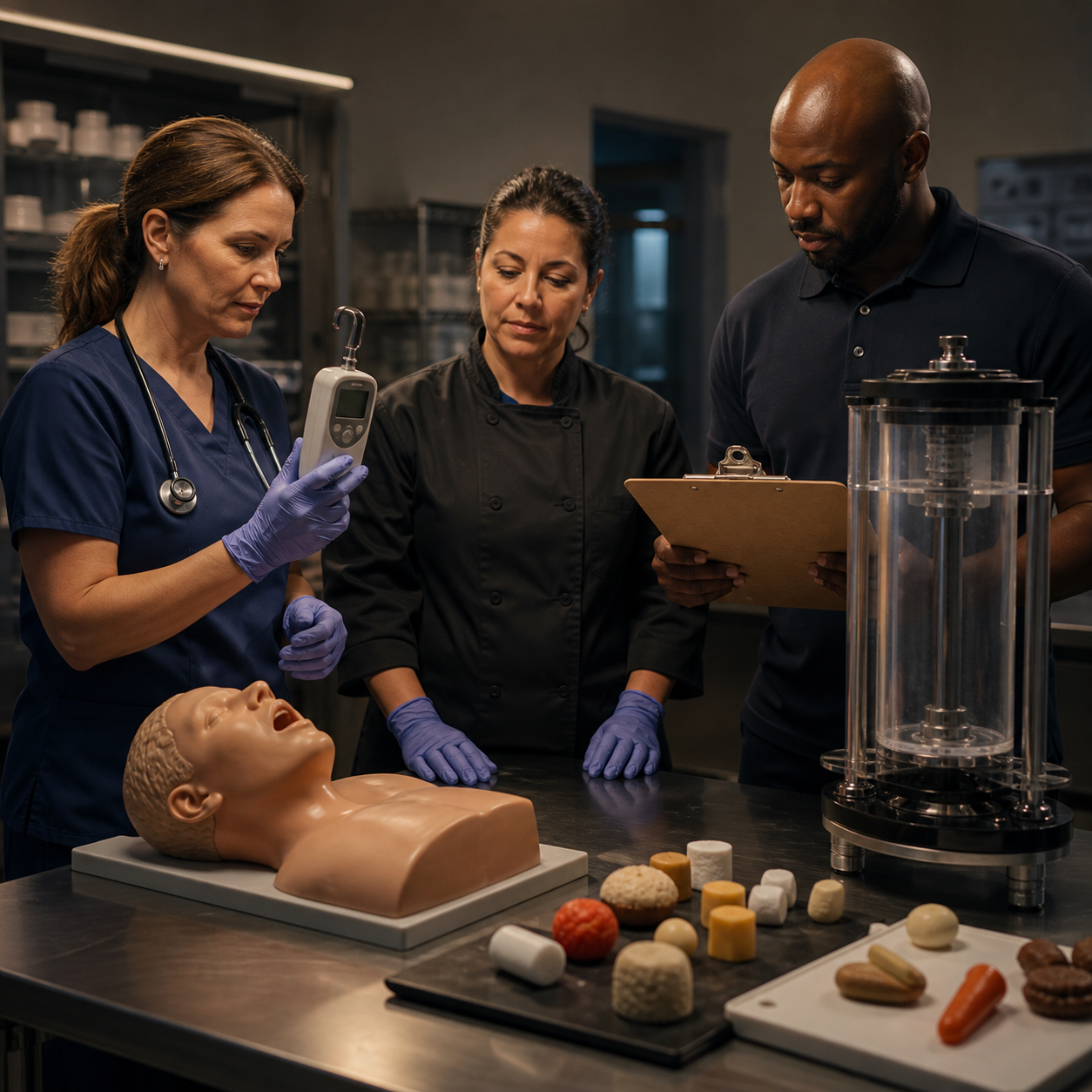 School nurse and cafeteria team compare food mechanics and clearing force during a safe mannequin-based training demonstration