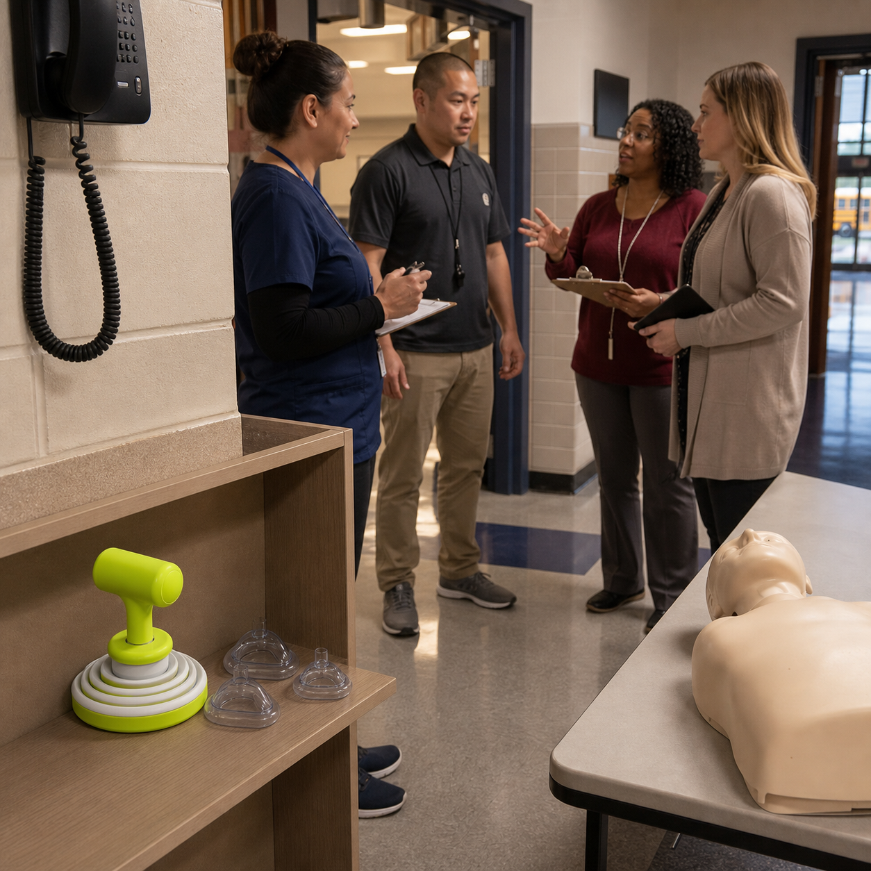 School staff audit the exact real FoldPumpVac kit, three separate clear masks, placement, and retrieval route beside a training mannequin