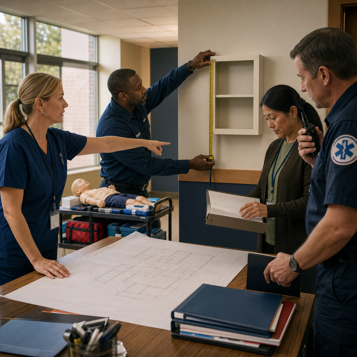 School nurse, facilities, procurement, and EMS teams audit cabinet placement, campus workflow, training, and incident documentation