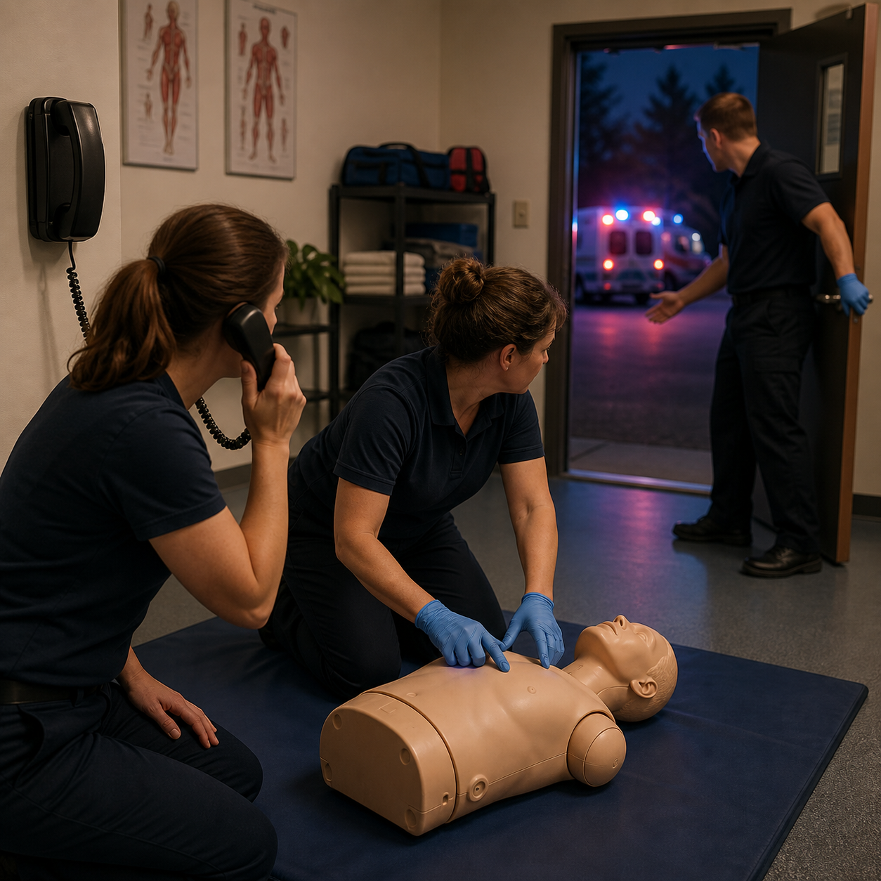 A caller activates EMS while trained responders begin immediate first-line practice on an artificial mannequin