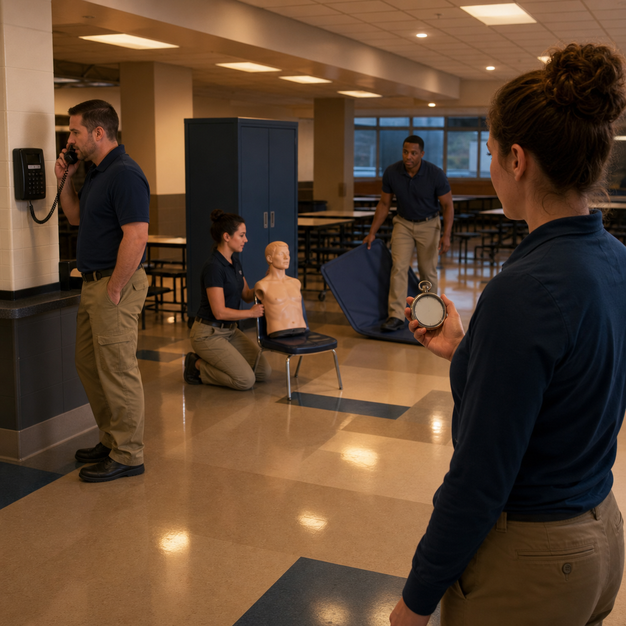 School safety staff assign caller, responder, access, and timing roles around an artificial mannequin during the first minute