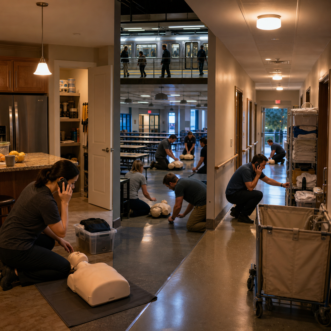 Home, school, eldercare, and transit environments reveal different phone, corridor, storage, and access delays during drills