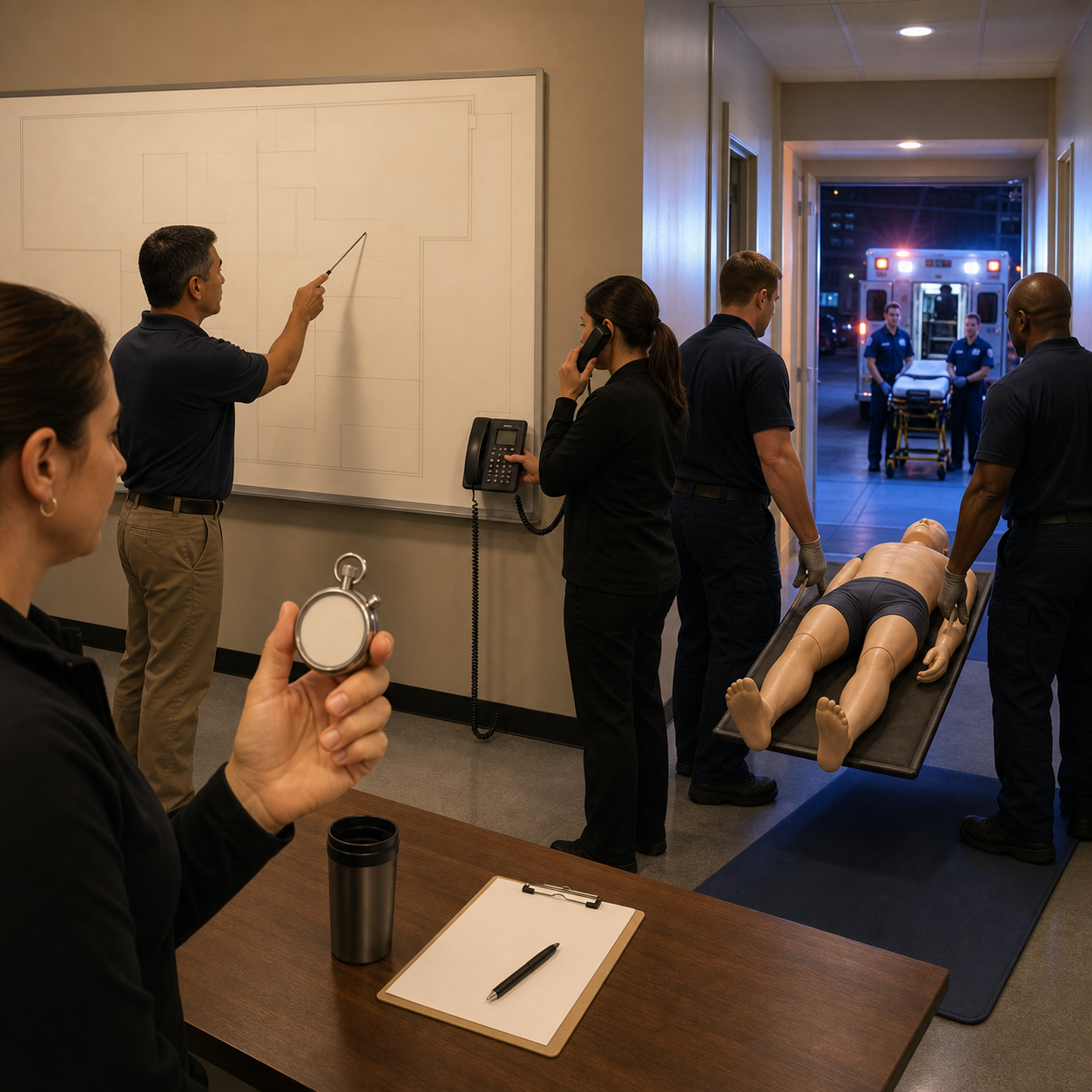 Facility safety staff audit stopwatch timing, access routes, phone activation, mannequin transfer, and EMS handoff