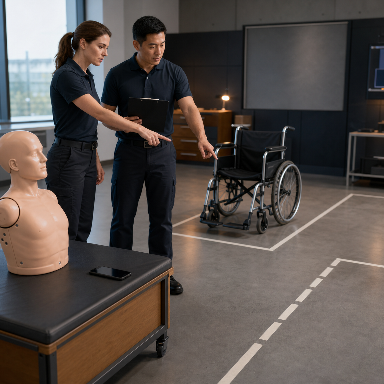 First-aid instructors review clear access lanes, an empty wheelchair, phone, and artificial mannequin for rescue-geometry readiness