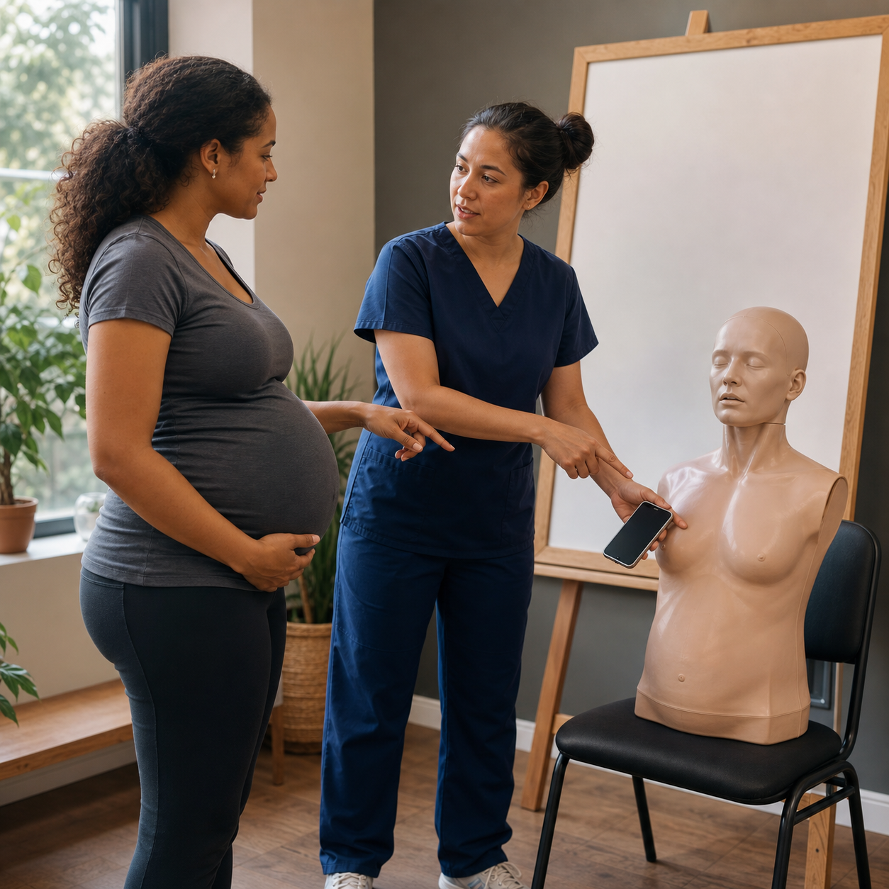 Pregnant adult and instructor discuss chest-thrust alternatives beside an artificial training mannequin without body contact