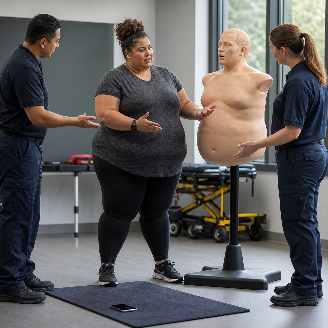 Larger-bodied participant and instructors evaluate reach and leverage around an artificial large-torso training mannequin