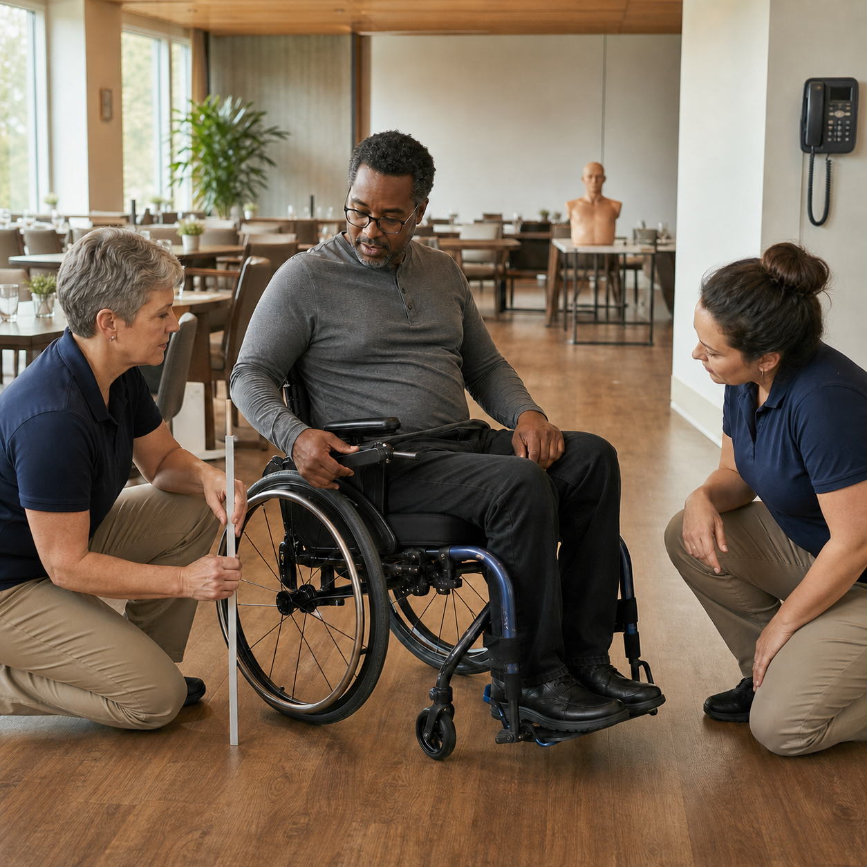 Wheelchair user and safety staff inspect brakes, armrest clearance, and side access during a calm preparedness walkthrough