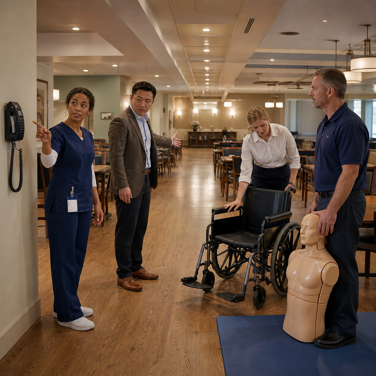 School, care, restaurant, and first-aid leaders rehearse phone access, wheelchair clearance, and mannequin response roles