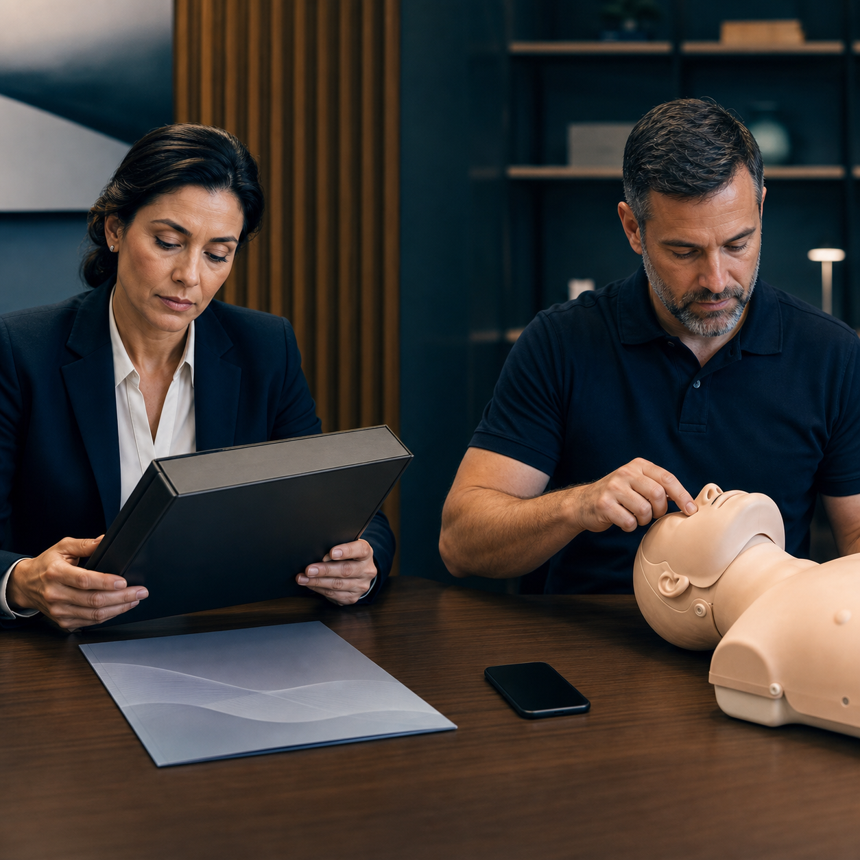 Cinematic 3D compliance specialist and first-aid instructor comparing regulatory review with practical rescue training