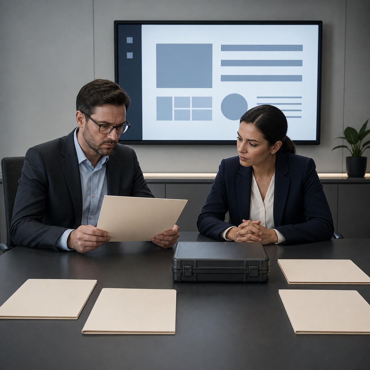 Cinematic 3D regulatory team conducting a product-specific file review without displaying a device or brand
