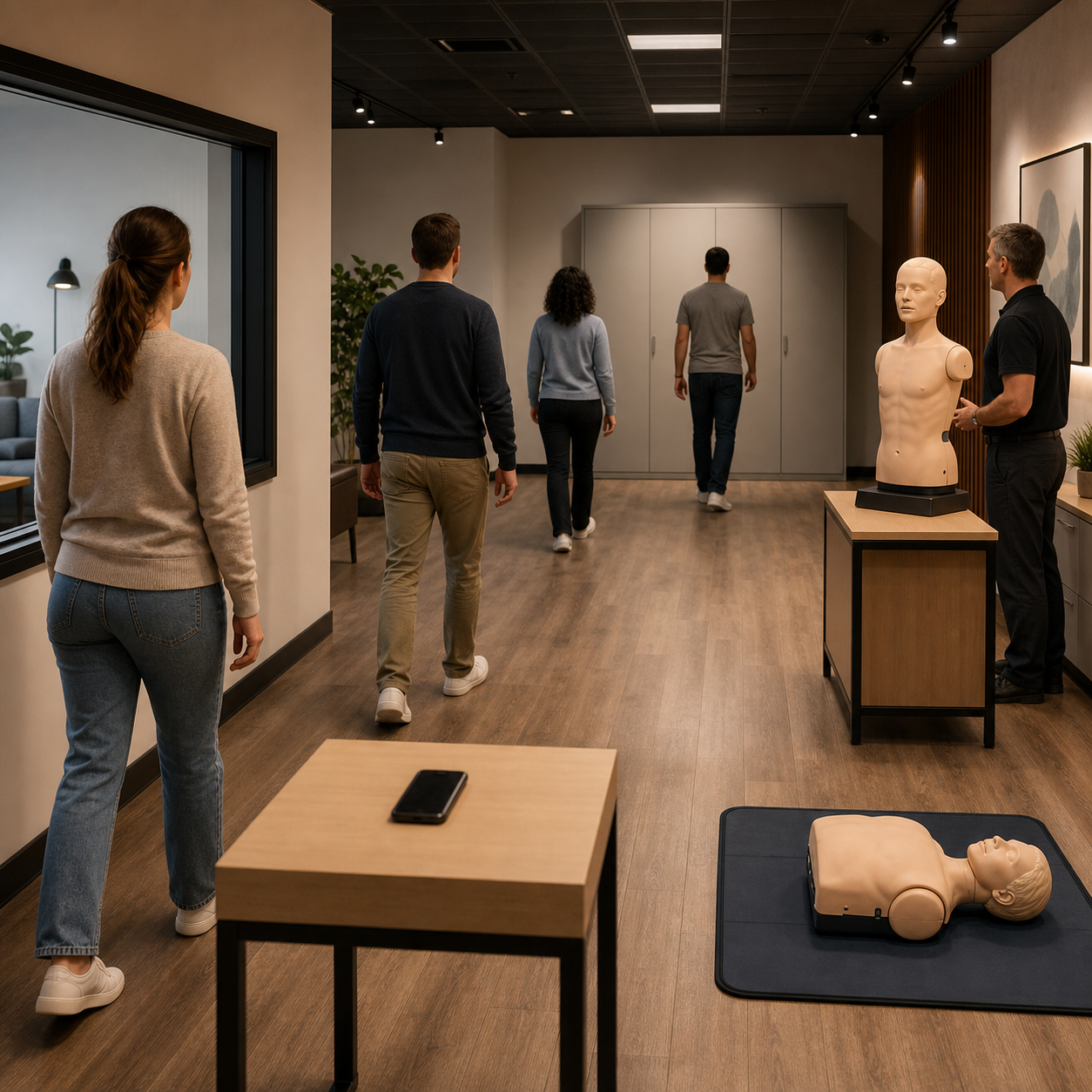 Cinematic 3D first-aid class rehearsing a five-layer route from recognition and calling to standard rescue and closed backup storage