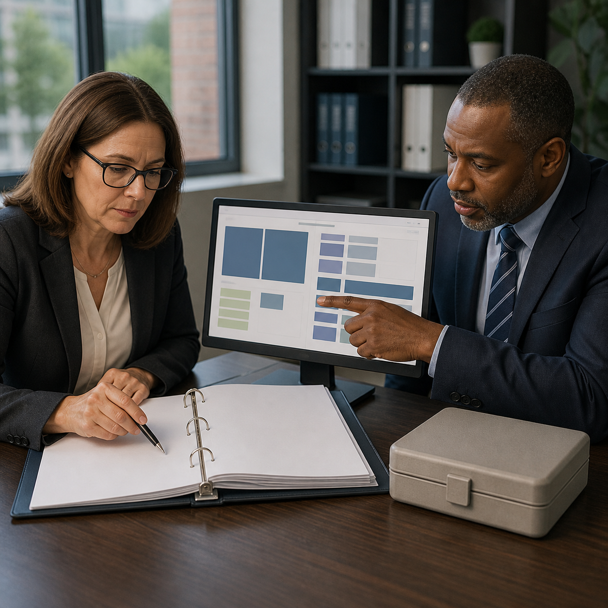 Cinematic 3D procurement team verifying an authorization record and evidence file before purchase