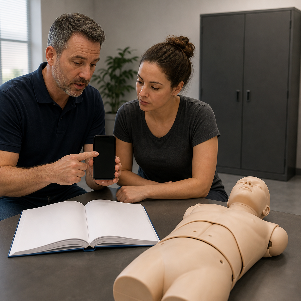 Cinematic 3D instructor placing standard rescue training and emergency calling before a closed second-line cabinet