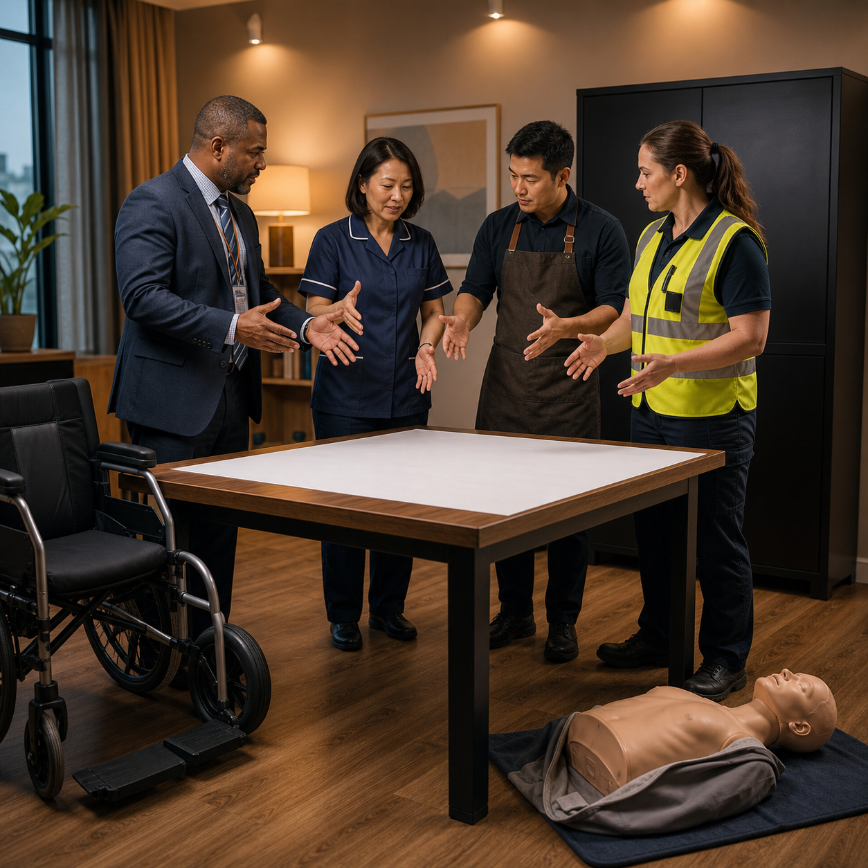 Cinematic 3D school, eldercare, and workplace leaders updating one coordinated choking response drill