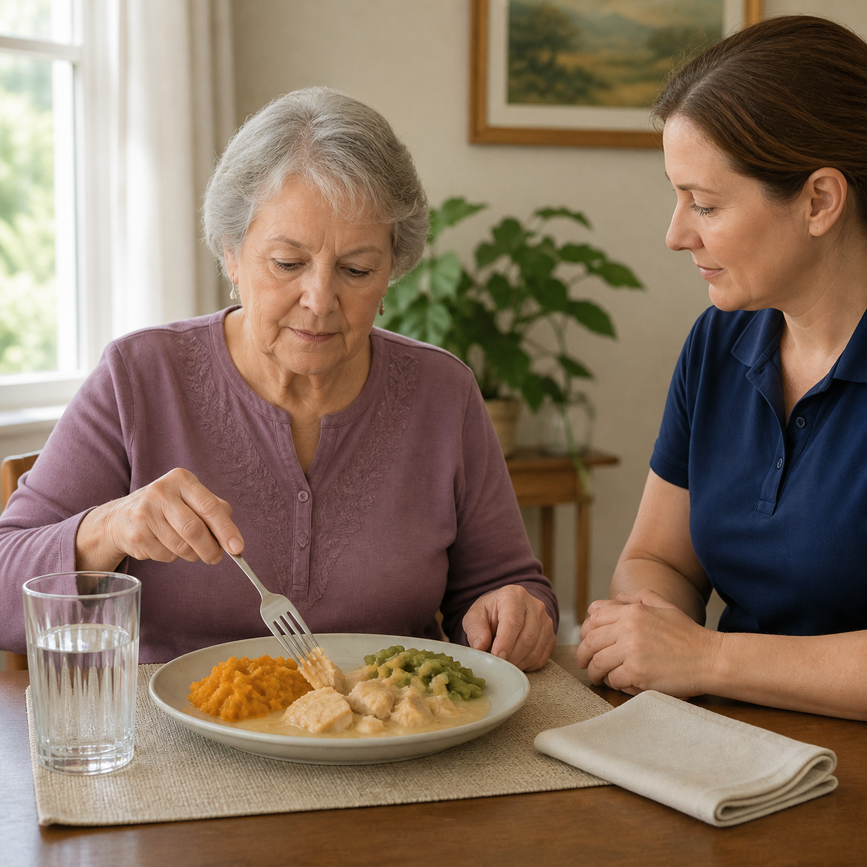 Cinematic 3D older adult preparing small soft moist portions while seated upright with an attentive caregiver nearby