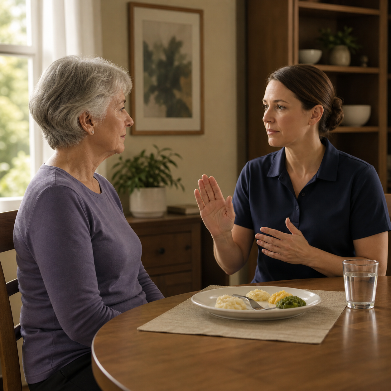 Cinematic 3D caregiver coaching an older adult to pause between small bites at an uncluttered dining table
