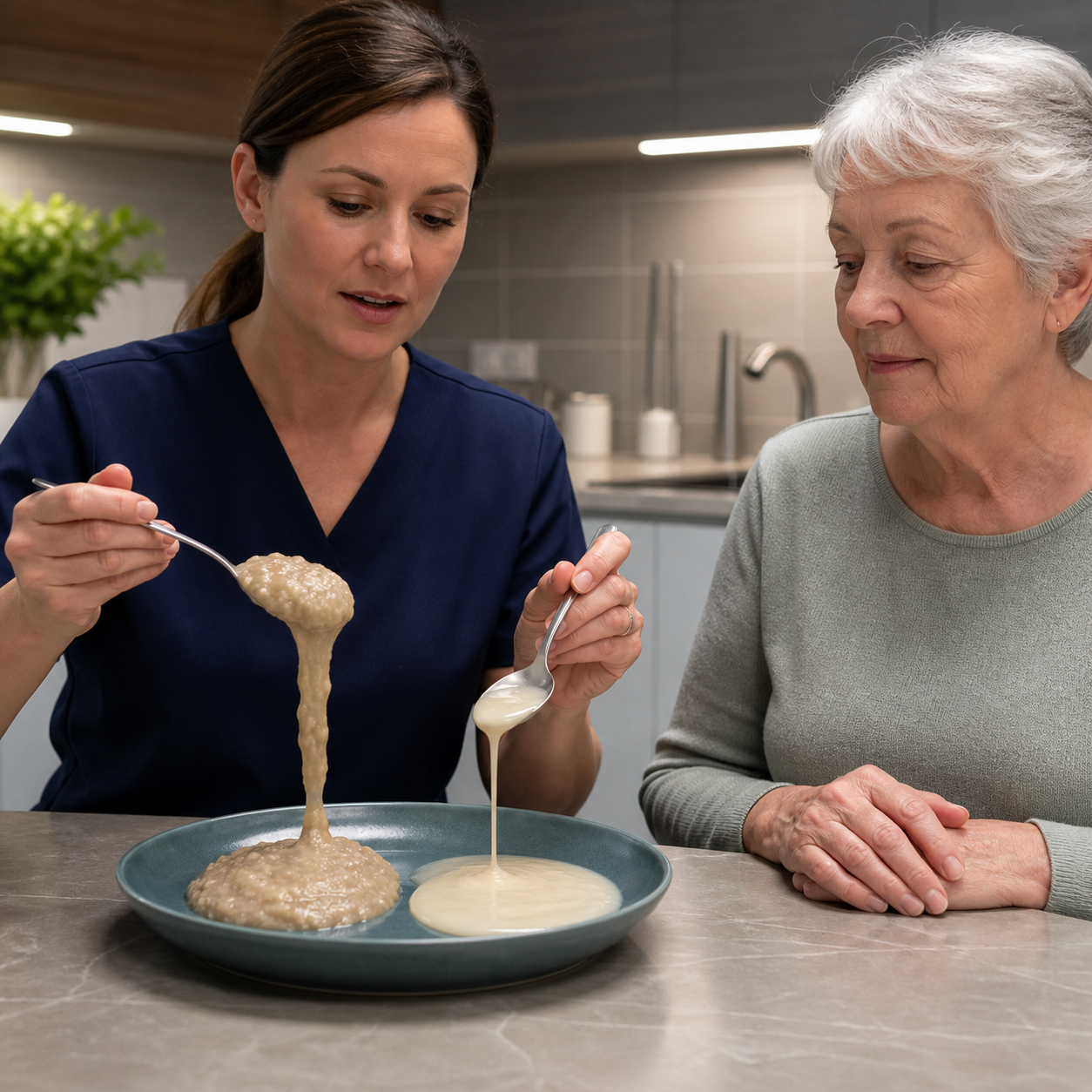 Cinematic 3D swallowing clinician demonstrating how a thick sticky food sample can be thinned and spread safely