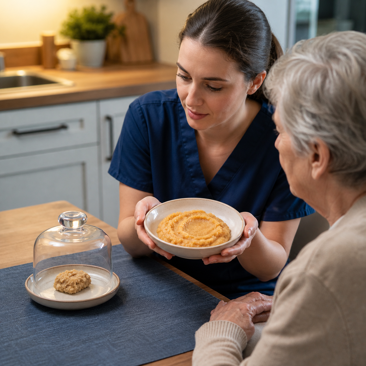Cinematic 3D caregiver removing a dry crumbly food sample and presenting a cohesive moist alternative for review
