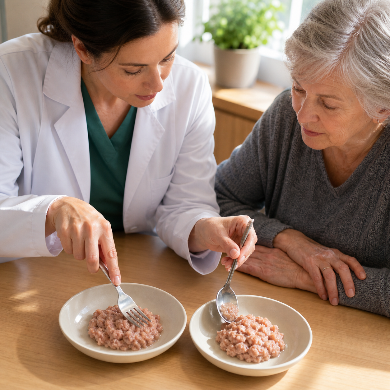 Cinematic 3D dietitian demonstrating fork and spoon texture checks on minced moist food for an older adult