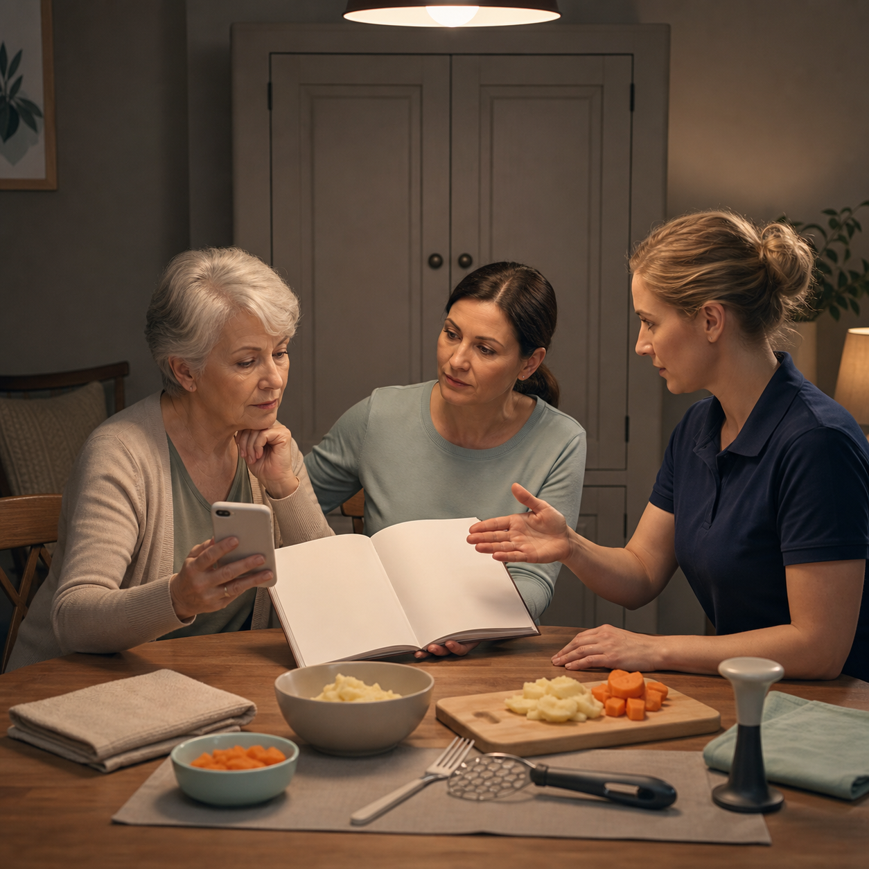 Cinematic 3D family reviewing texture preparation and standard first-aid readiness beside a closed second-line cabinet