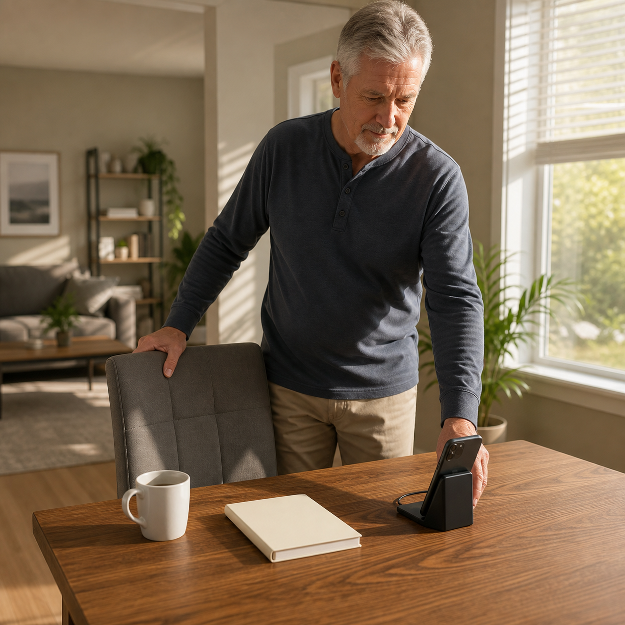 Cinematic 3D older adult reviewing first-line readiness beside a phone, solid chair, and uncluttered dining table